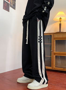 华夫格裤子男春秋oversize拼接条纹抽绳休闲裤chic灰色运动阔腿裤