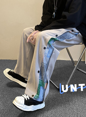 欧美高街vibe裤子男春秋季潮流腰果花排扣裤潮牌ins宽松拖地长裤