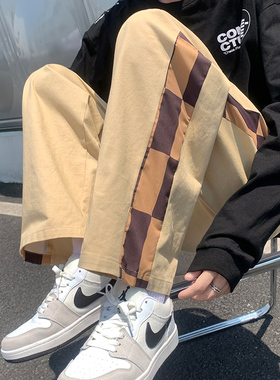 拼接格子休闲裤男秋季ins潮牌宽松直筒裤bei美式复古高街九分裤子