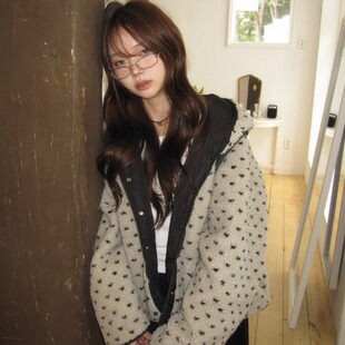 yuki自制 韩系复古爱心双面穿减龄百搭秋冬保暖连帽羊羔毛外套女