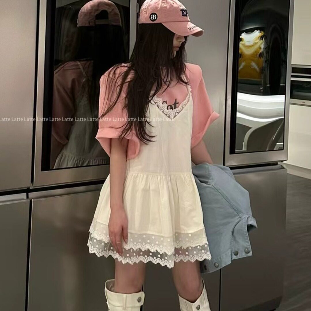 yuki自制少女感花边蕾丝V领吊带裙春夏季女白色叠穿短款连衣裙子