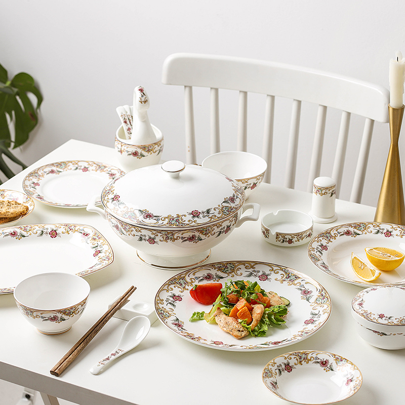 碗碟装骨瓷家用欧式金边米饭碗陶瓷5头餐具装微波炉可用