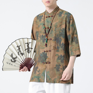 2024夏风男装冰丝唐装汉服短袖五分袖衬衫衬衣C229-Y1005-P68图片