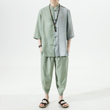 2024夏款风男装白底唐装汉服衬衫套装两件套C229/TZ344/P85，男装休闲套装，电商C229-1