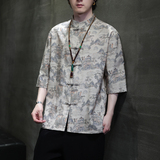 2024夏风男装印花唐装汉服短袖五分袖衬衫衬衣C229-Y1023-P68，男装衬衫，电商C229-1