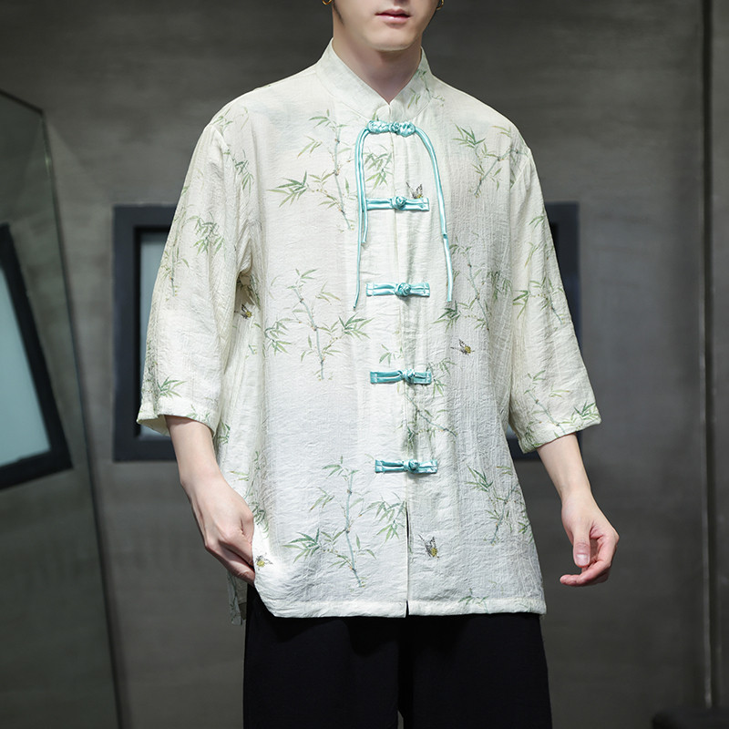 2024夏风男装竹子印花唐装汉服短袖五分袖衬衫C229-Y1002-P65,男装衬衫,电商C229-1