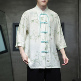 2024夏风男装竹子印花唐装汉服短袖五分袖衬衫C229-Y1002-P65，男装衬衫，电商C229-1