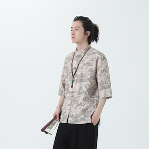2024夏风男装印花唐装汉服短袖五分袖衬衫衬衣C229-Y1023-P68图片