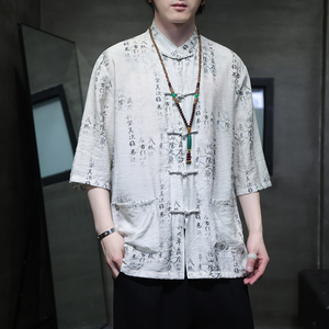 2024夏风男装印花唐装汉服短袖五分袖衬衫衬衣C229-Y1020-P70图片