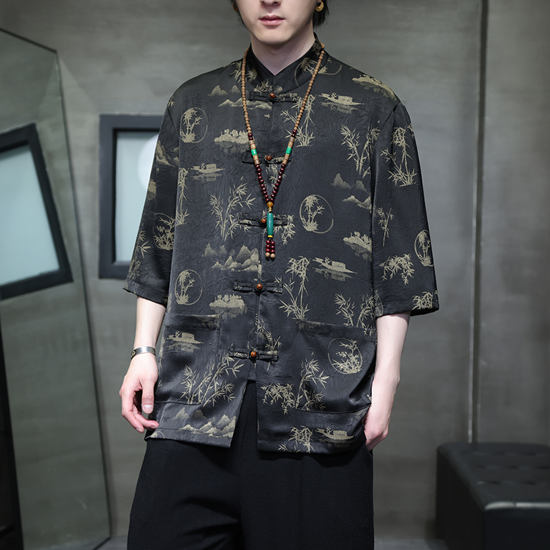 2024夏风男装冰丝唐装汉服短袖五分袖衬衫衬衣C229-Y1021-P70，男装衬衫，电商C229-1