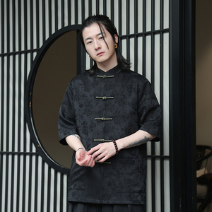 2024夏风男装提花唐装汉服短袖五分袖衬衫衬衣C229-Y996-P70图片