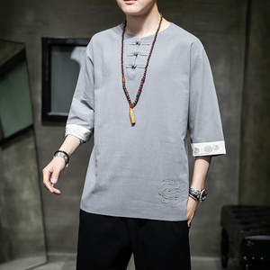 风男装棉麻亚麻刺绣唐装汉服短袖五分袖T恤男C229/T109/P45图片