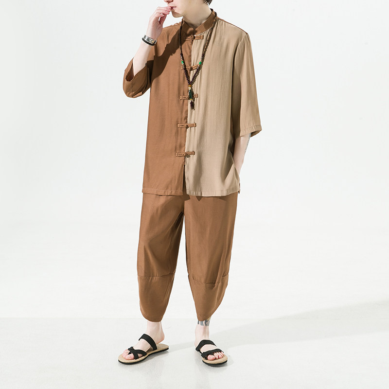 2024夏款风男装白底唐装汉服衬衫套装两件套C229/TZ344/P85,男装休闲套装,电商C229-1