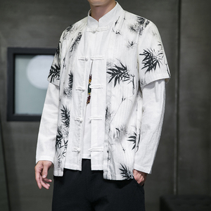 2024秋风男装拼接撞色唐装汉服衬衫衬衣两件套C229/Y785/P100图片