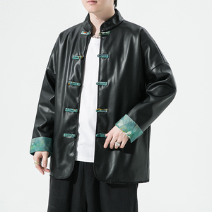 2024秋冬风男装撞色pu夹克外套唐装汉服大码C229/Y711/P105图片