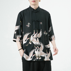 2024夏风男装仙鹤唐装汉服盘扣短袖五分袖衬衫C229/Y976/P70图片