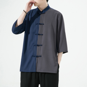 2023夏风男装撞色唐装汉服短袖五分袖衬衫衬衣C229/Y974/P70图片