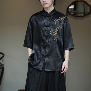 2024夏风男装绣花唐装汉服短袖五分袖衬衫衬衣C229-Y1016-P65图片