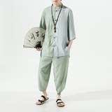 2024夏款风男装白底唐装汉服衬衫套装两件套C229/TZ344/P85，男装休闲套装，电商C229-1