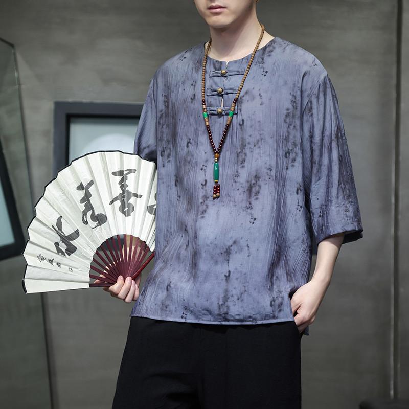 2024春夏风男装冰丝盘扣唐装汉服短袖五分袖T恤C229-T212-P60,男装T恤,电商C229-1