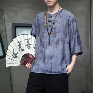 2024春夏风男装冰丝盘扣唐装汉服短袖五分袖T恤C229-T212-P60图片