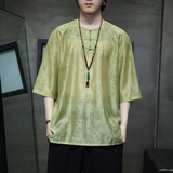 2024夏季风男装复古中式唐装汉服短袖五分袖T恤C229-T216-P60，男装T恤，电商C229-1
