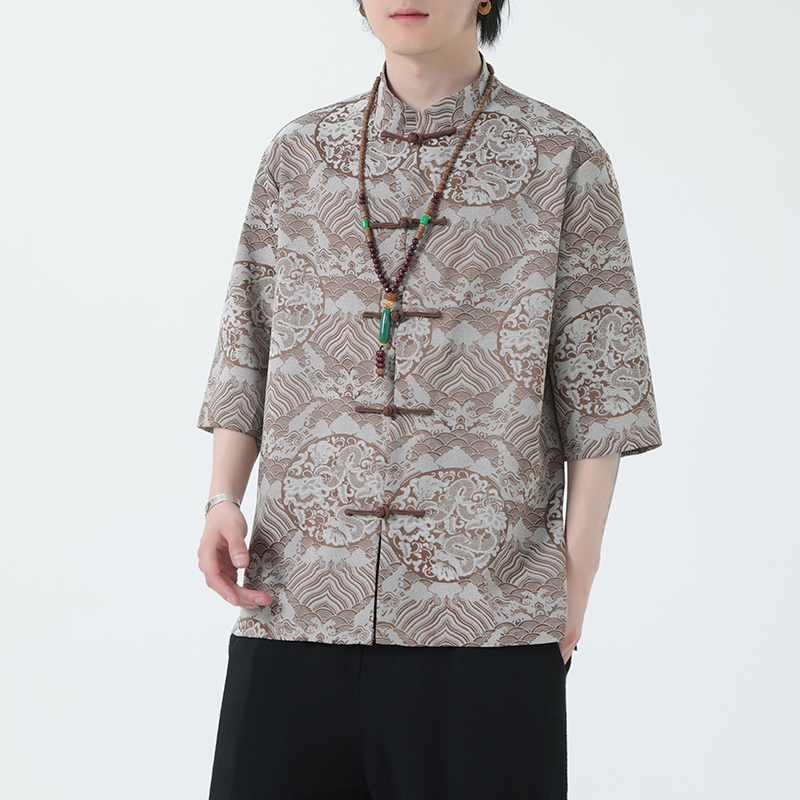 2024夏风男装中式唐装汉服短袖五分袖衬衫衬衣C229-Y1024-P70，男装衬衫，电商C229-1