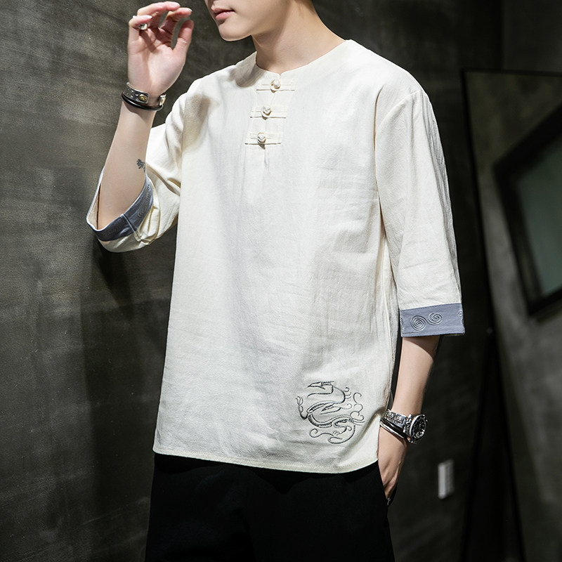 风男装棉麻亚麻刺绣唐装汉服短袖五分袖T恤男C229/T109/P45,男装T恤,电商C229-1