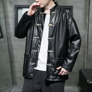 2022风男装pu皮夹克盘扣复古唐装汉服夹克外套C229/Y710/P105图片