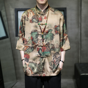 2023风男装印花唐装汉服复古盘扣短袖衬衫衬衣C229/Y943/P68图片