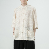 风男装棉亚麻唐装汉服短袖五分袖衬衫衬衣白底C229/Y975/P78，男装衬衫，电商C229-1