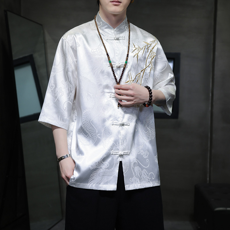 2024风男装刺绣冰丝唐装汉服短五分袖衬衫衬衣C229-Y1016-P65,男装衬衫,电商C229-1