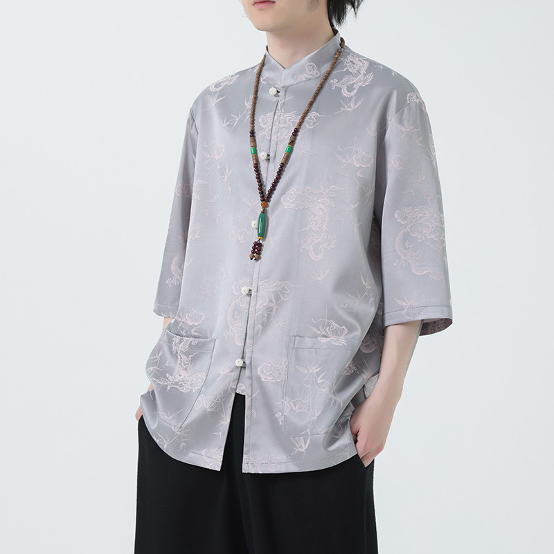 2024夏风男装冰丝唐装汉服短袖五分袖衬衫衬衣C229-Y1029-P70,男装衬衫,电商C229-1