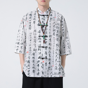 2024夏风男装印花唐装汉服短袖五分袖衬衫衬衣C229-Y1001-P70图片