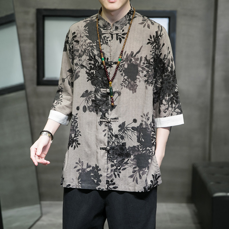 2024夏风男装印花唐装汉服盘扣复古五分袖衬衫男C229/Y670/60,男装衬衫,电商C229-1