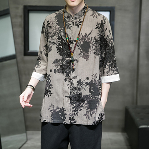2024夏风男装印花唐装汉服盘扣复古五分袖衬衫男C229/Y670/60图片