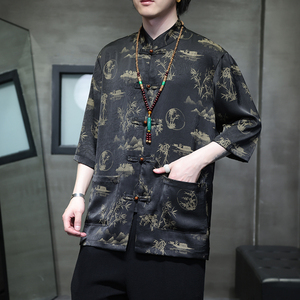 2024夏风男装冰丝唐装汉服短袖五分袖衬衫衬衣C229-Y1021-P70图片