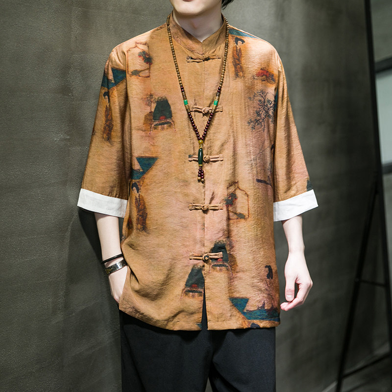 2024夏款风男装唐装印花潮汉服短袖衬衫外套C229/Y676/P60,男装衬衫,电商C229-1