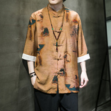2024夏款风男装唐装印花潮汉服短袖衬衫外套C229/Y676/P60，男装衬衫，电商C229-1