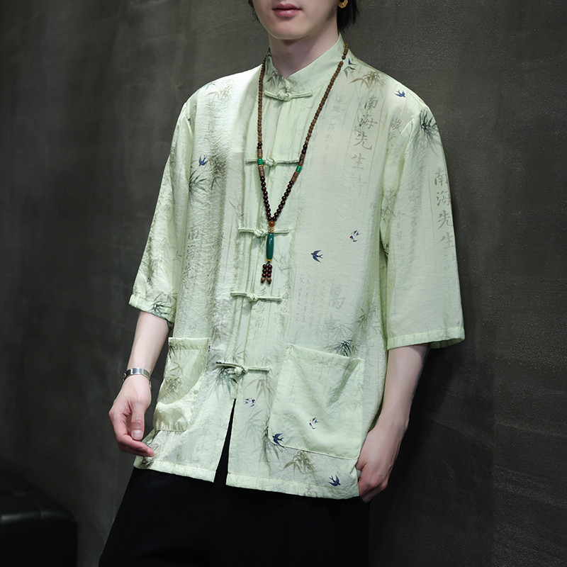 2024夏风男装竹子唐装汉服短袖五分袖衬衫衬衣C229-Y1019-P70,男装衬衫,电商C229-1