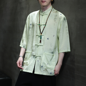 2024夏风男装竹子唐装汉服短袖五分袖衬衫衬衣C229-Y1019-P70图片