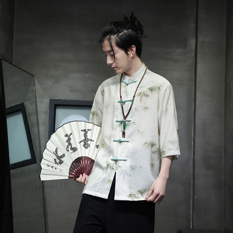 2024夏风男装竹子冰丝唐装汉服短袖五分袖T恤C229-Y1003-P70,男装衬衫,电商C229-1