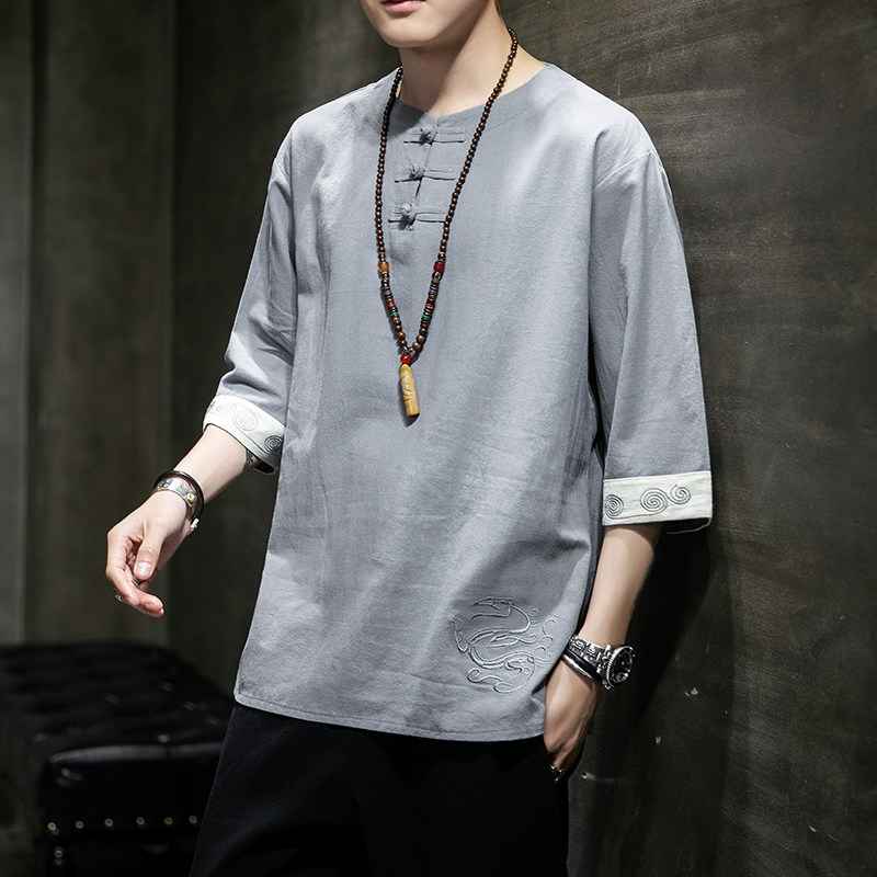 风男装棉麻亚麻刺绣唐装汉服短袖五分袖T恤男C229/T109/P45,男装T恤,电商C229-1