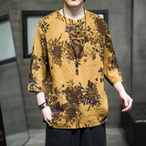 2024夏季风男装条纹唐装汉服短袖五分袖T恤大码C229/T173/P50，男装T恤，电商C229-1