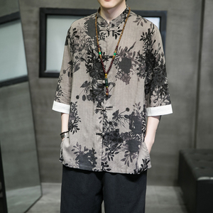 2024夏风男装印花唐装汉服盘扣复古五分袖衬衫男C229/Y670/60图片
