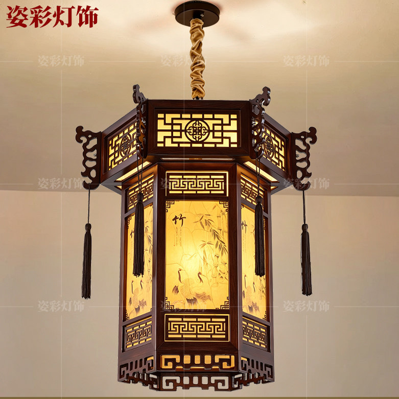 中式吊灯仿古实木宫灯宫廷古建筑客栈祠堂寺庙长廊亭子六角红灯笼