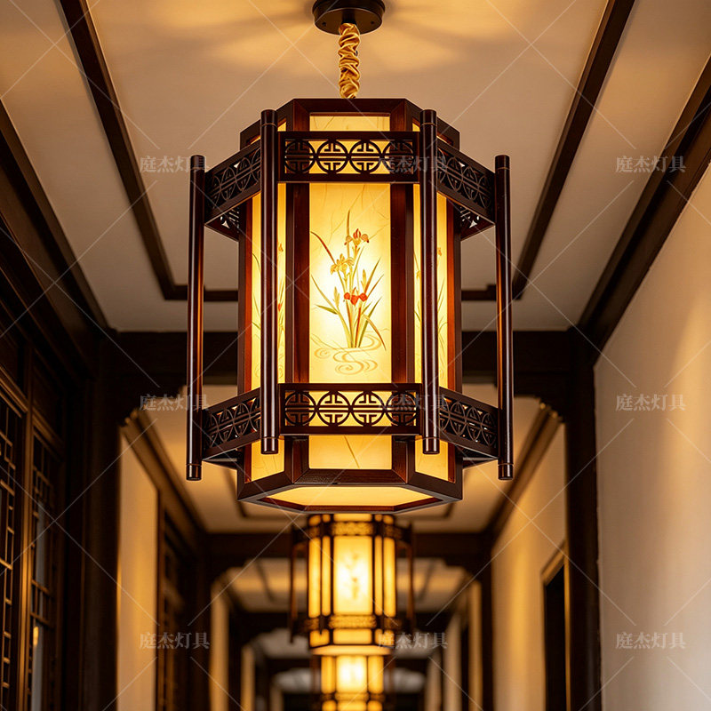 仿古中式实木吊灯过道阳台餐厅走廊玄关古典羊皮灯防蚊户外灯饰