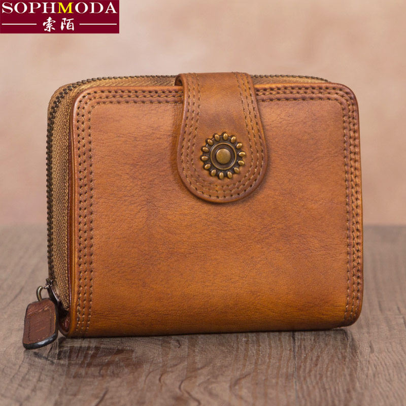 复古头层牛皮女士手工钱夹女皮夹真皮短款钱包女拉链日韩2022新款