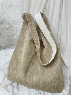 砂洗帆布包牛仔包2024新款 复古休闲单肩包大容量托特包文艺斜挎包