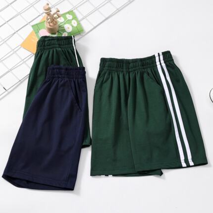 夏季童装校服短裤男女童墨绿色一条二道白杠运动裤中小学生五分裤